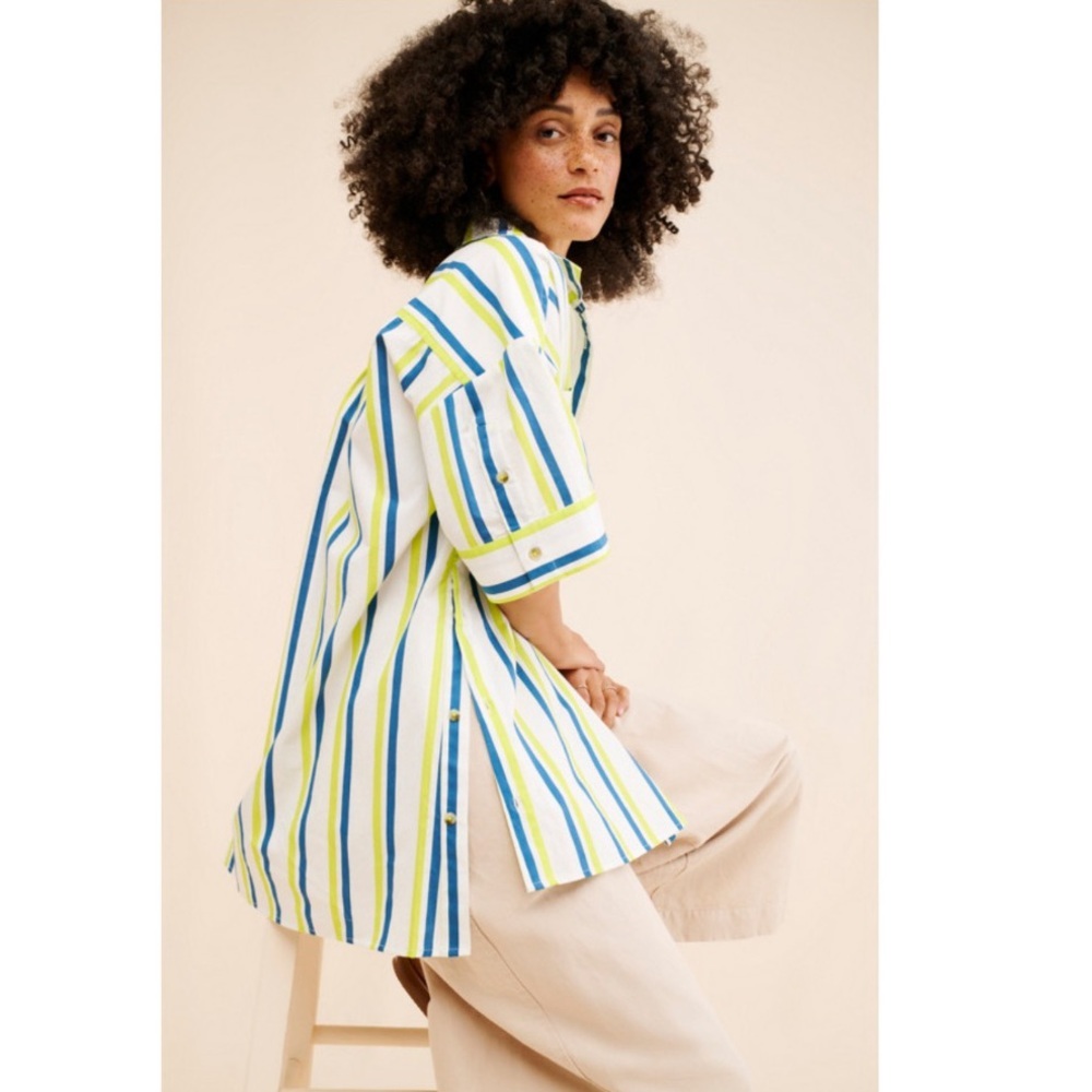 Anthropologie Boxy Striped Oversized Tunic Button Down Poplin Shirt White XL - Picture 3 of 12